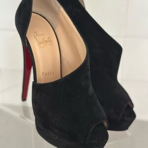 Christian Louboutin Black Suede Peep-Toe Stiletto with Red Sole
